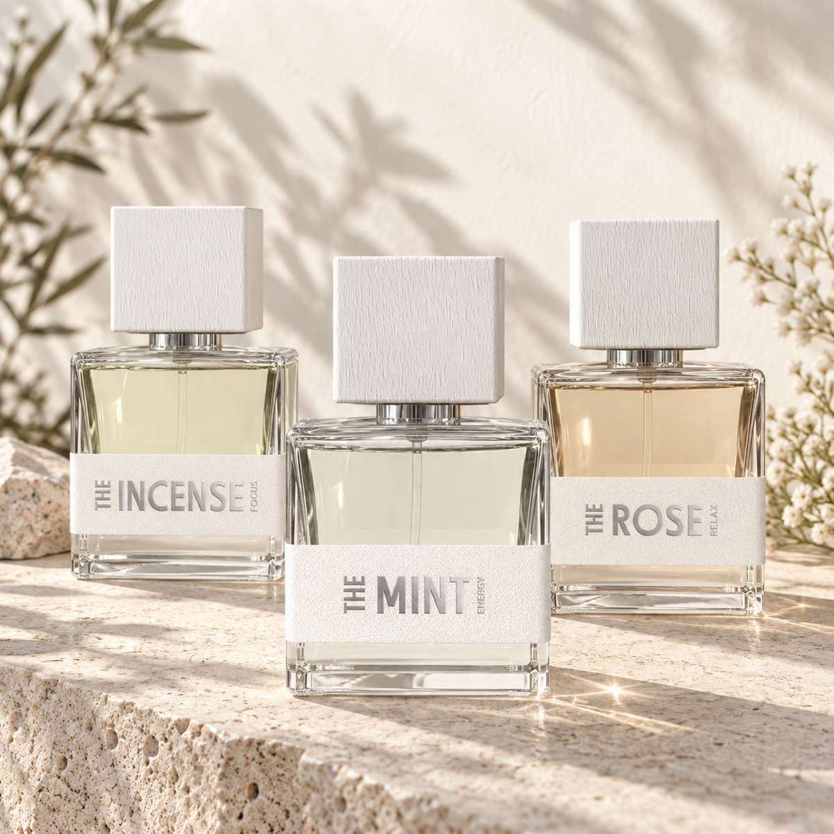 Essentials by Jeremy Fragrance The Incense Focus, The Mint Energy and The Rose Relax bottles