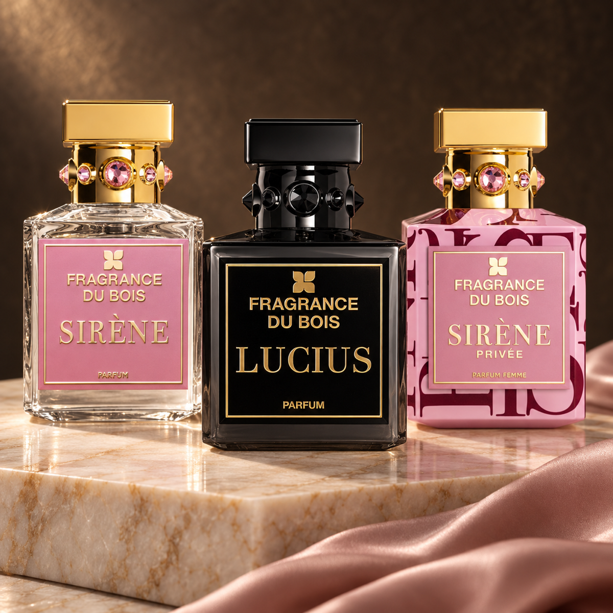Fragrance Du Bois Sirene, Lucius and Sirene Privee on warm marble
