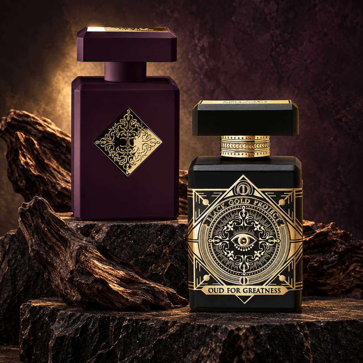 Initio Side Effect and Oud for Greatness bottles on dark stone