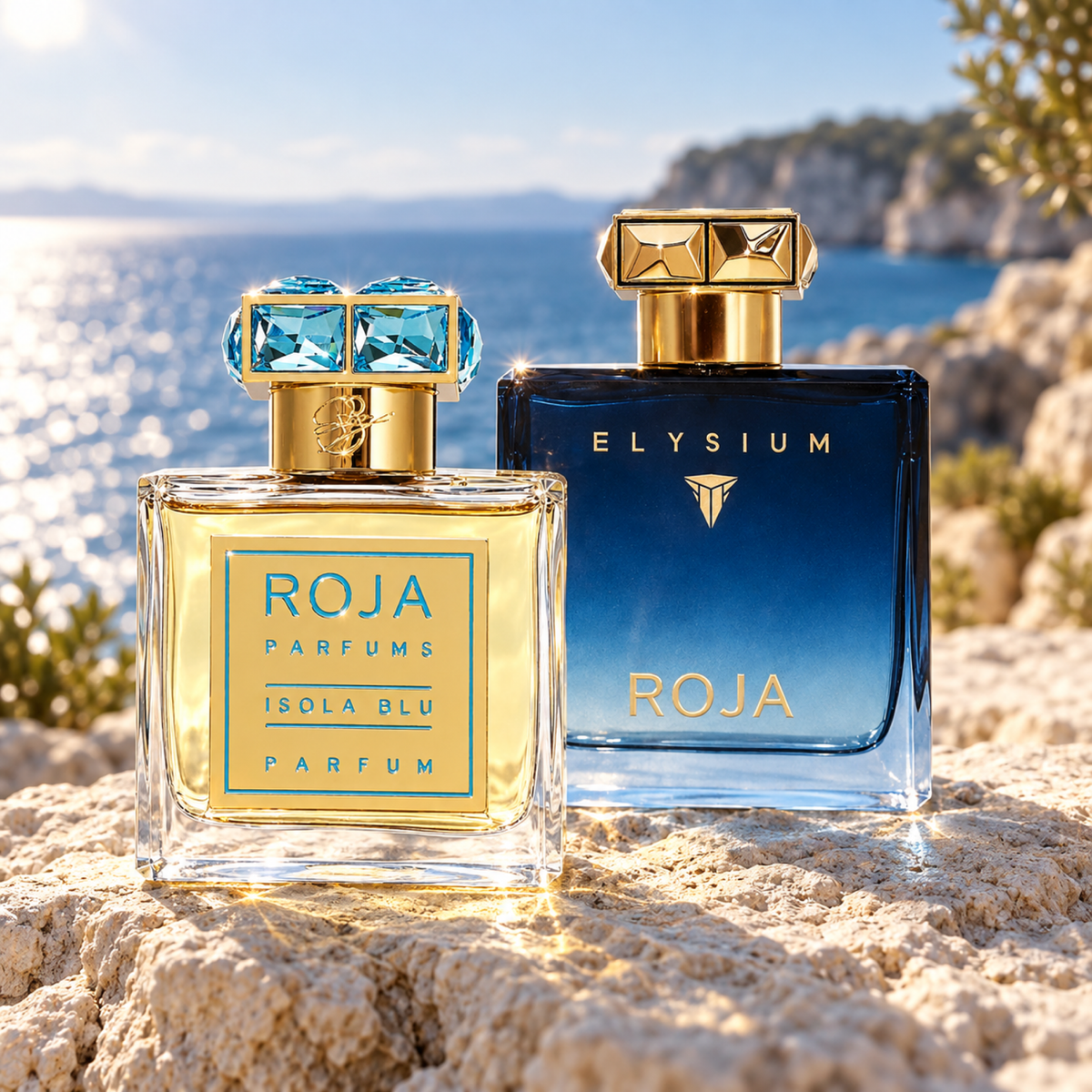 Roja Isola Blu and Elysium Pour Homme bottles on coastal limestone