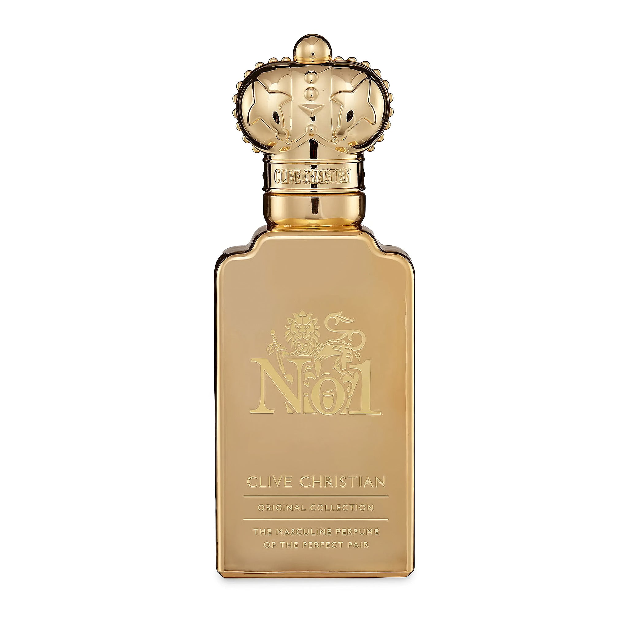 Gold Clive Christian No 1 The Masculine Perfume original collection perfume bottle on a white background