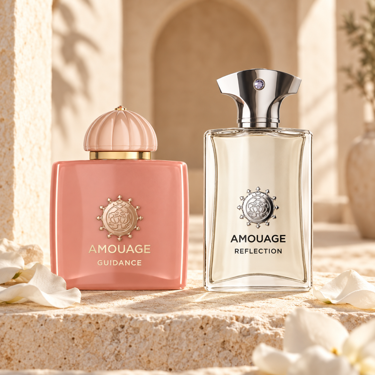 Amouage Guidance and Reflection Man bottles on warm limestone