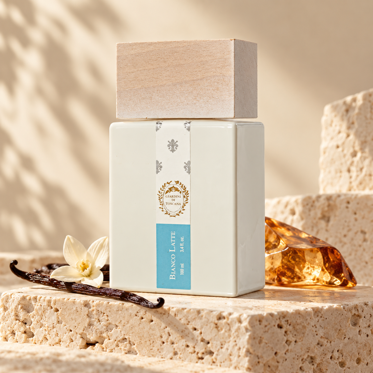 Giardini di Toscana Bianco Latte bottle on warm ivory stone