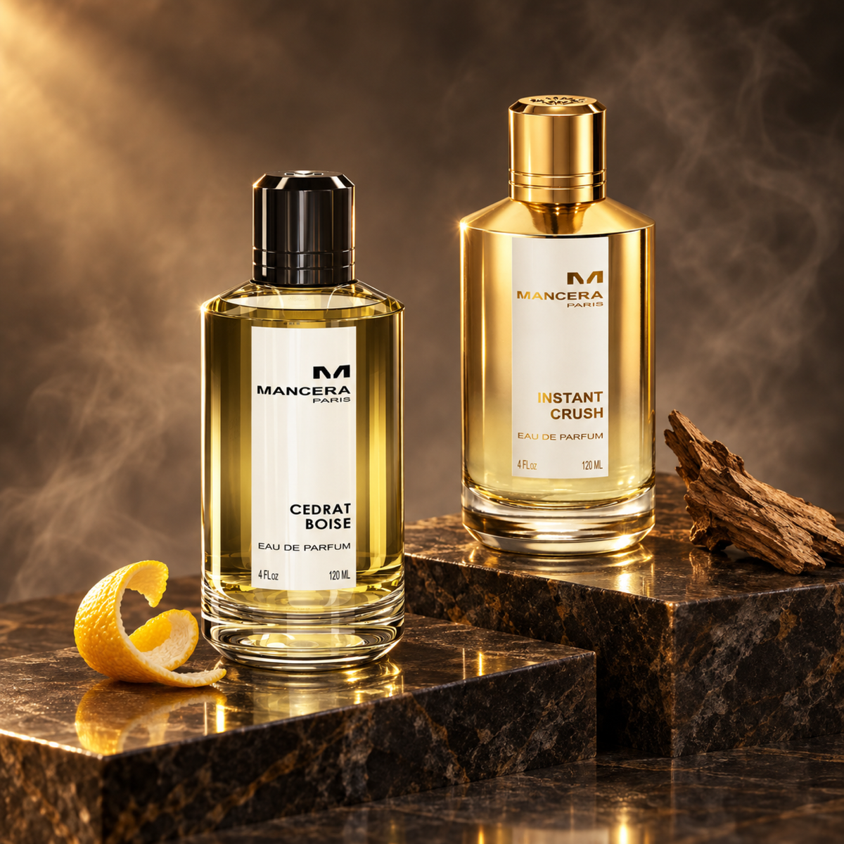 Mancera Cedrat Boise and Instant Crush on dark stone