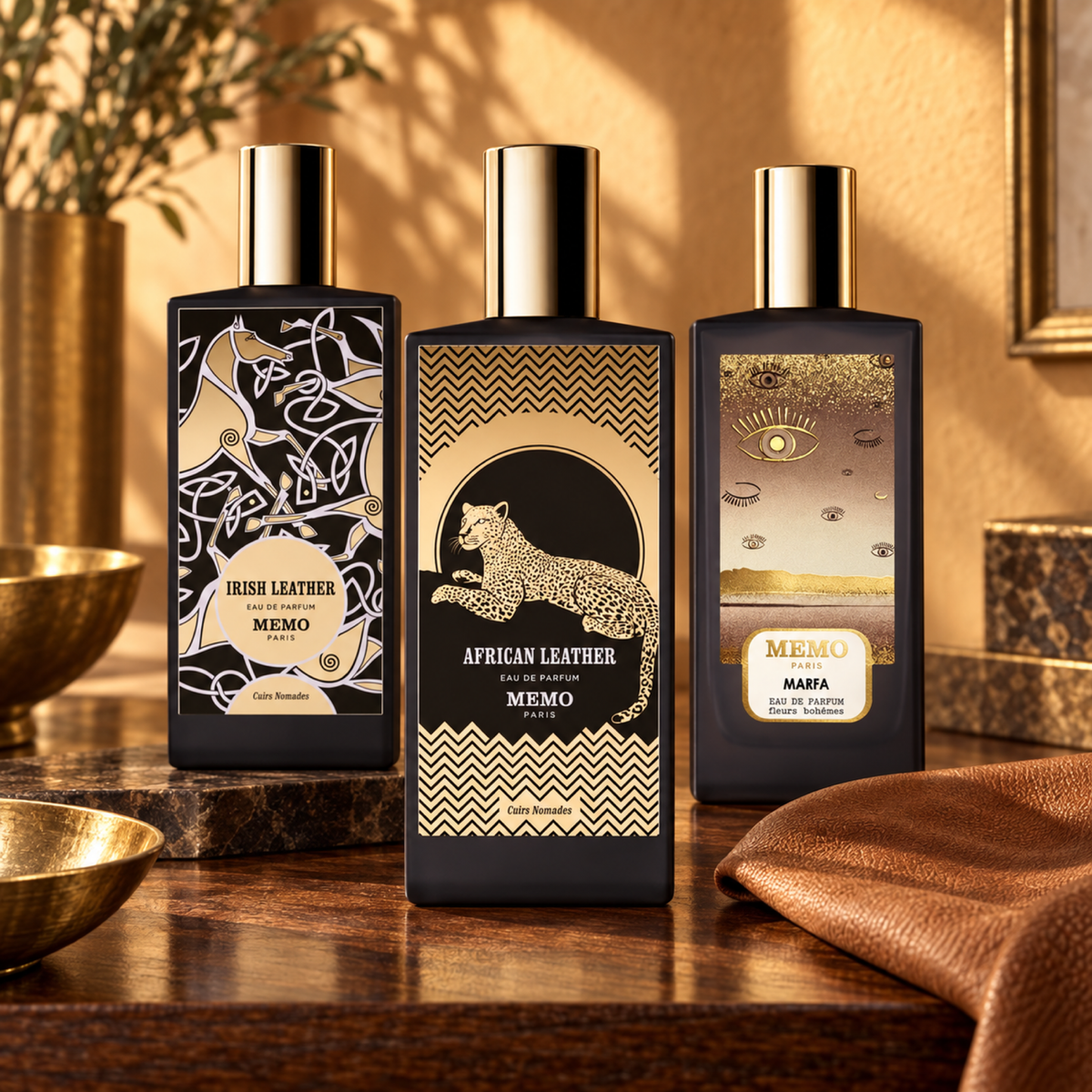 Memo Paris African Leather, Irish Leather and Marfa in a warm travel-inspired still life.