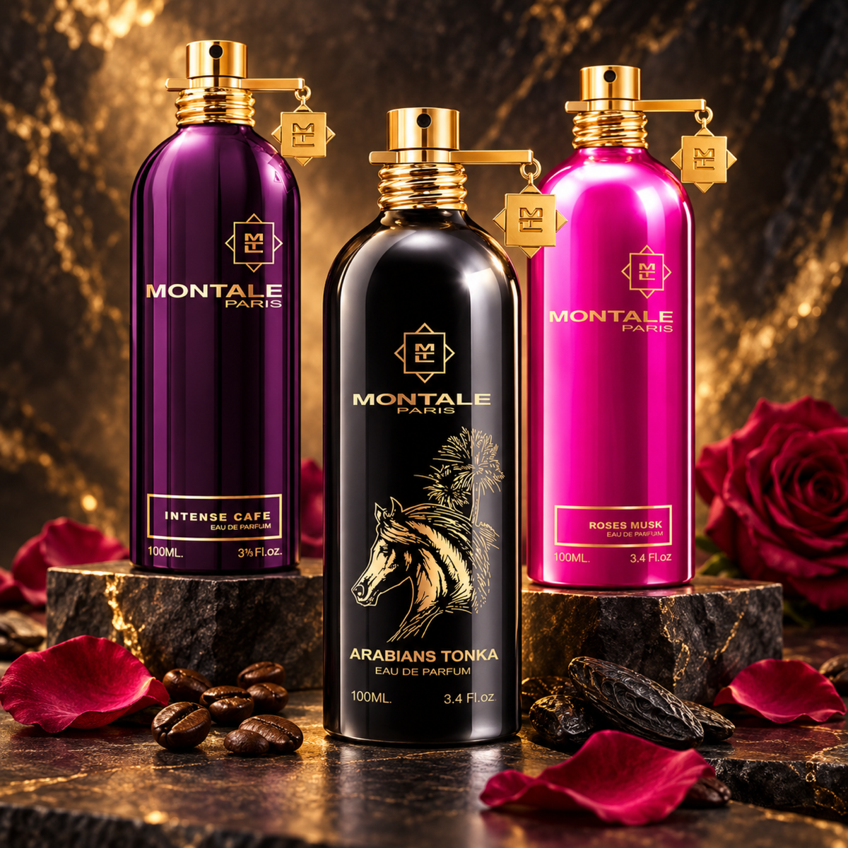 Montale Arabians Tonka, Intense Cafe and Roses Musk bottles