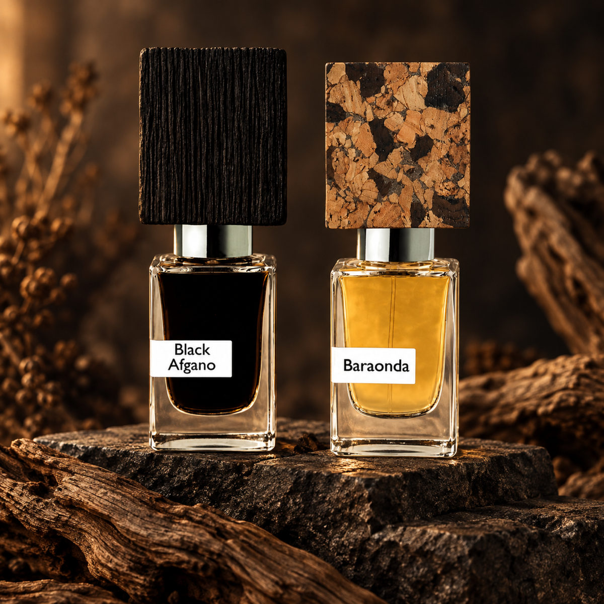 Nasomatto Black Afgano and Baraonda bottles on charcoal stone and weathered wood