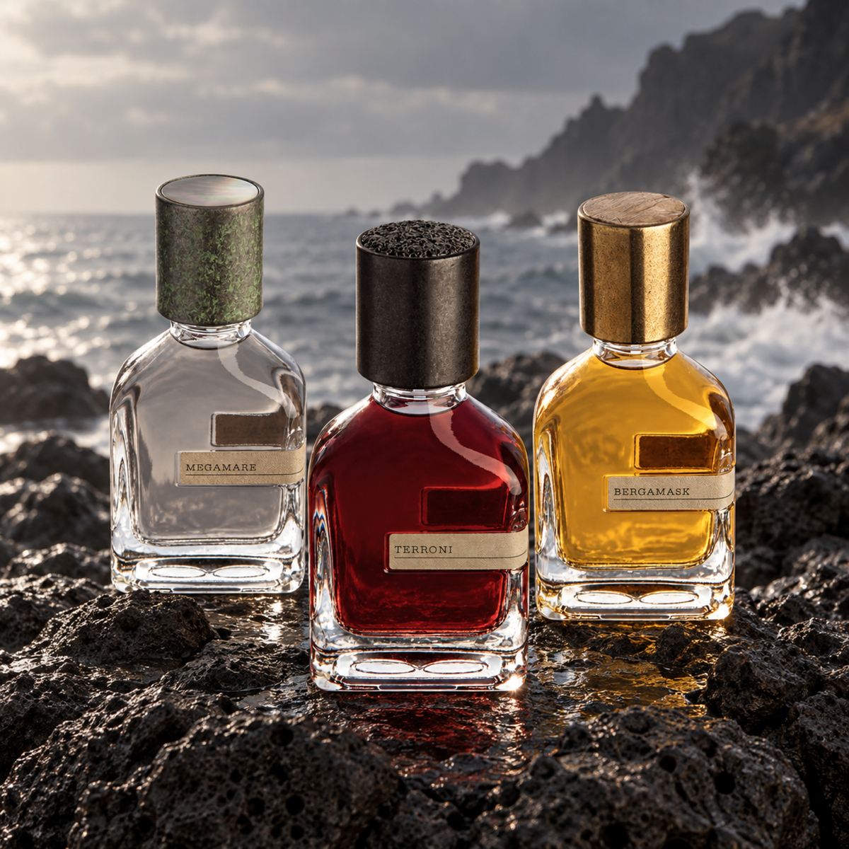 Orto Parisi Megamare, Terroni and Bergamask bottles on volcanic coastal rocks