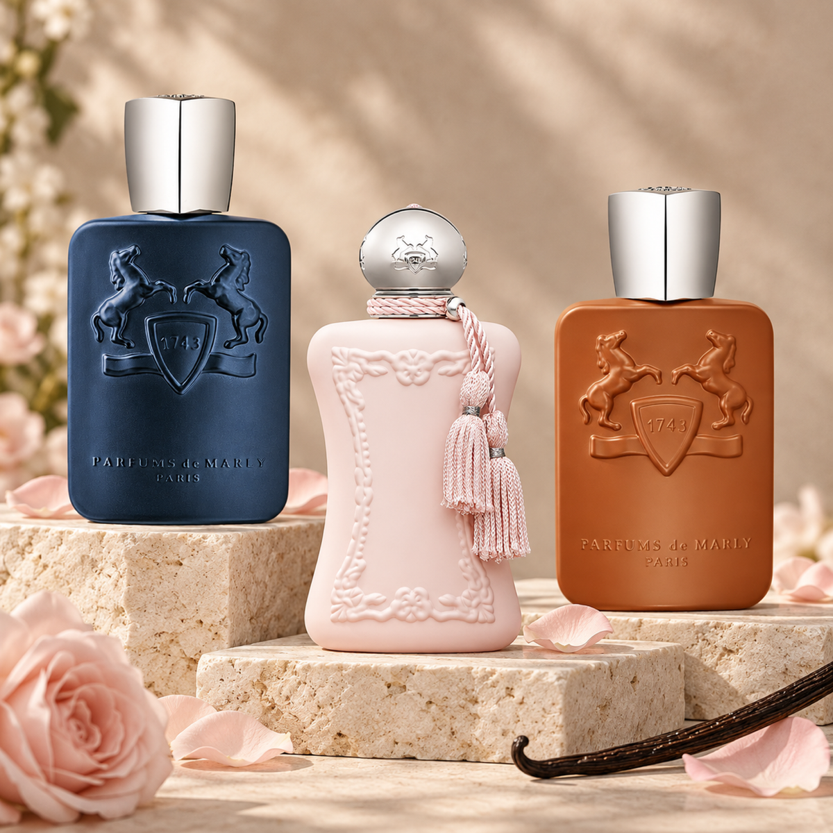Parfums de Marly Layton, Delina and Althair bottles on pale stone