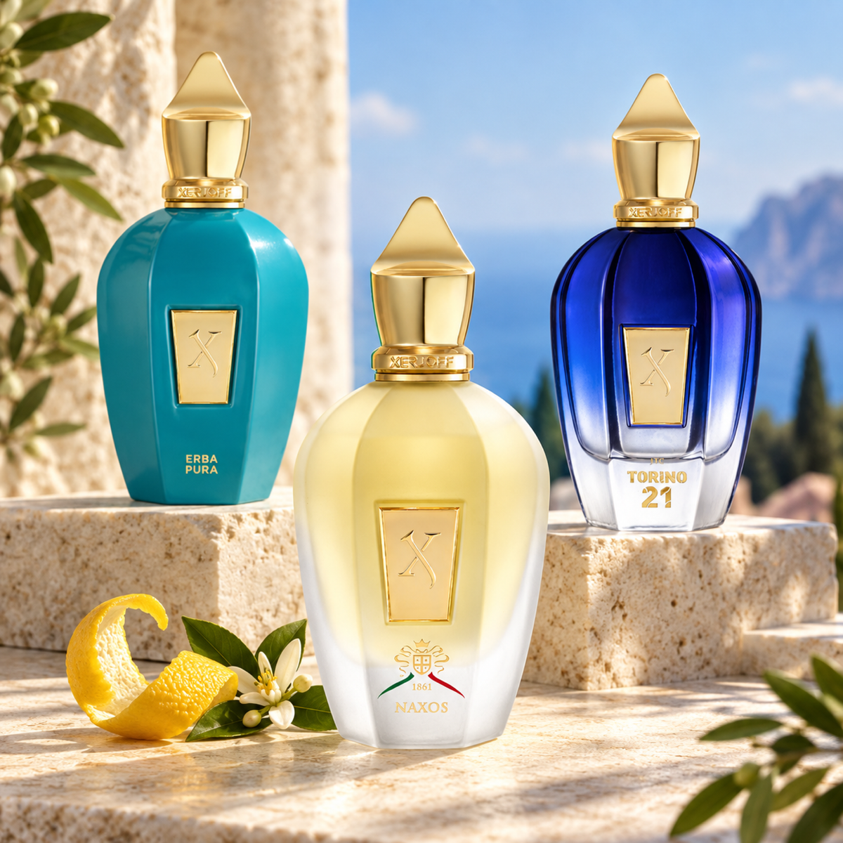 Xerjoff Naxos, Erba Pura and Torino21 bottles on sunlit limestone